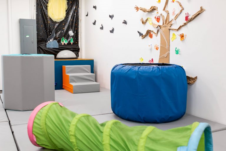 Crawl tunnel, crash pad, and foam obstacle shapes set up in the therapy gym
