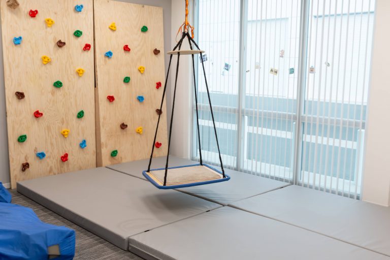 Climbing wall with coloured holds and a platform swing in the sensory gym at Tumble N' Dots