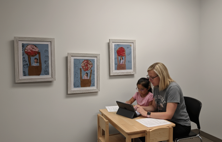 Child using an AAC speech-generating device with a speech therapist during a session in Irvine